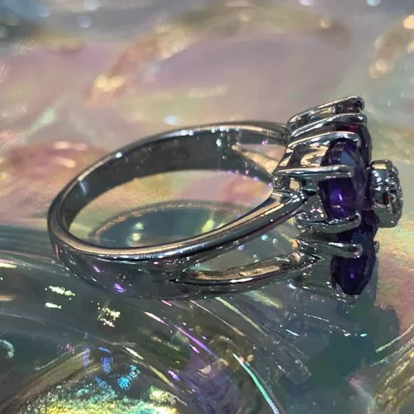 -Sterling Amethyst Floral Ring | Size 5 | Celestial Luxe Sparkle - Picture 11 of 14